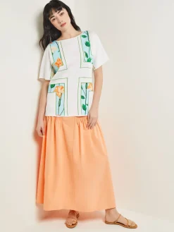 Dolman Sleeve Boat Neck Tunic - Cotton Floral Panel Soft Knit|Misook Fashion