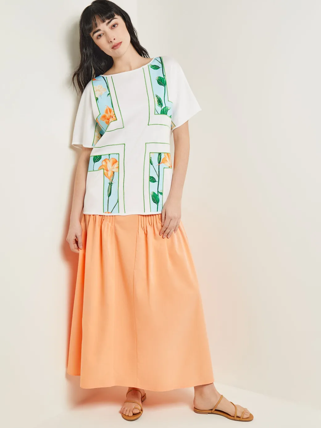 Dolman Sleeve Boat Neck Tunic - Cotton Floral Panel Soft Knit|Misook Fashion