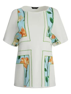 Dolman Sleeve Boat Neck Tunic - Cotton Floral Panel Soft Knit|Misook Fashion