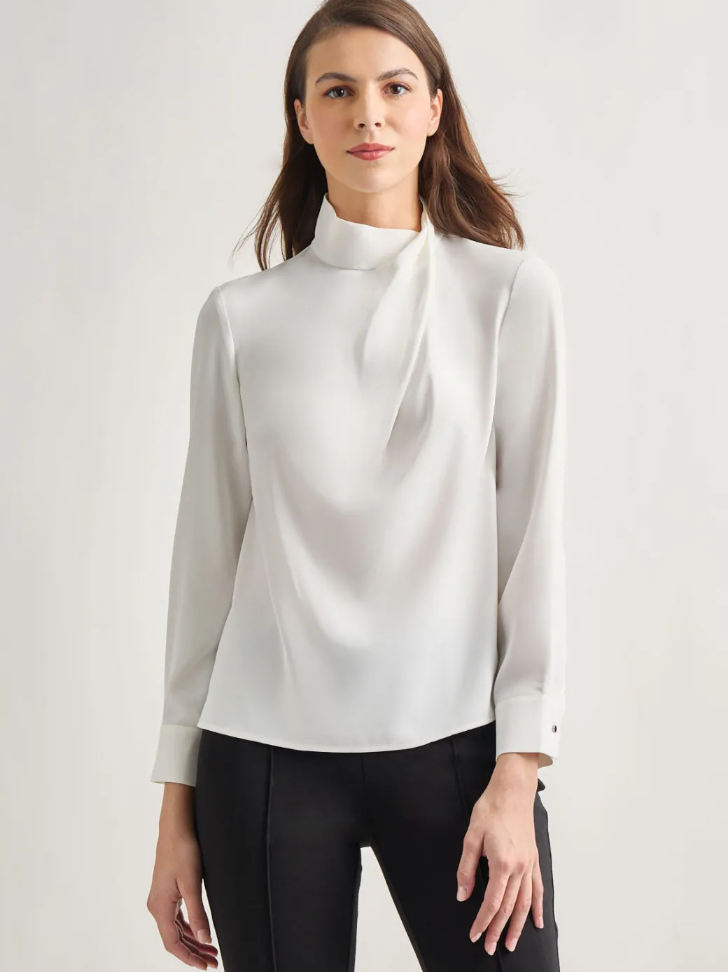 Draped Crepe de Chine Mock Neck Blouse|Misook Sale
