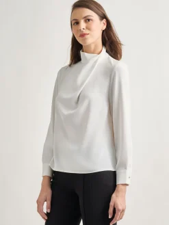 Draped Crepe de Chine Mock Neck Blouse|Misook Sale