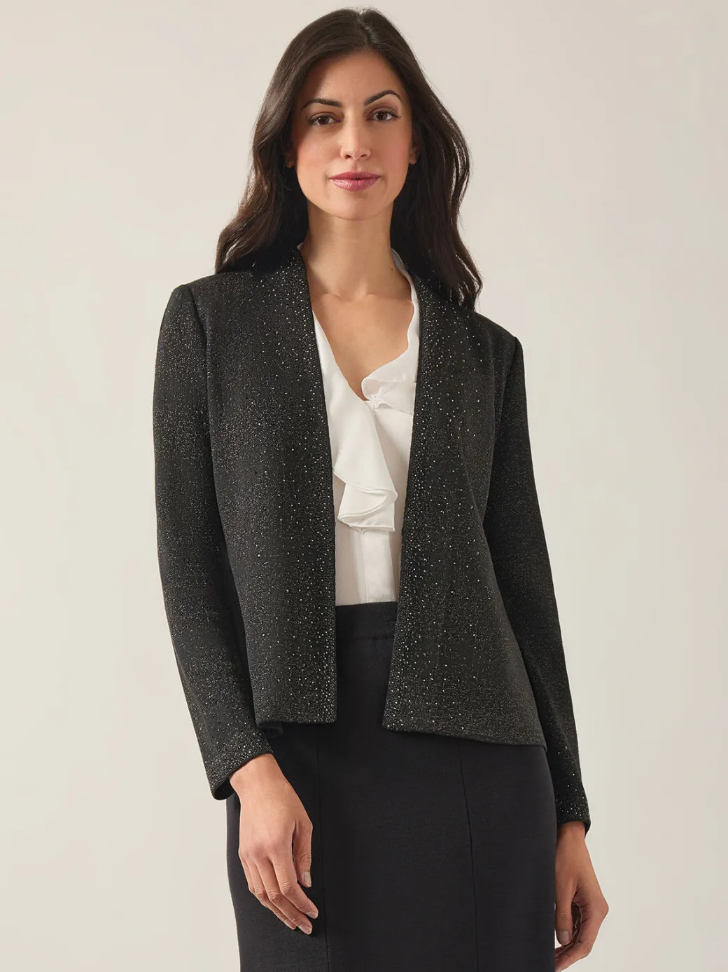Embellished Lurex Open Neck Jacket|Misook Hot