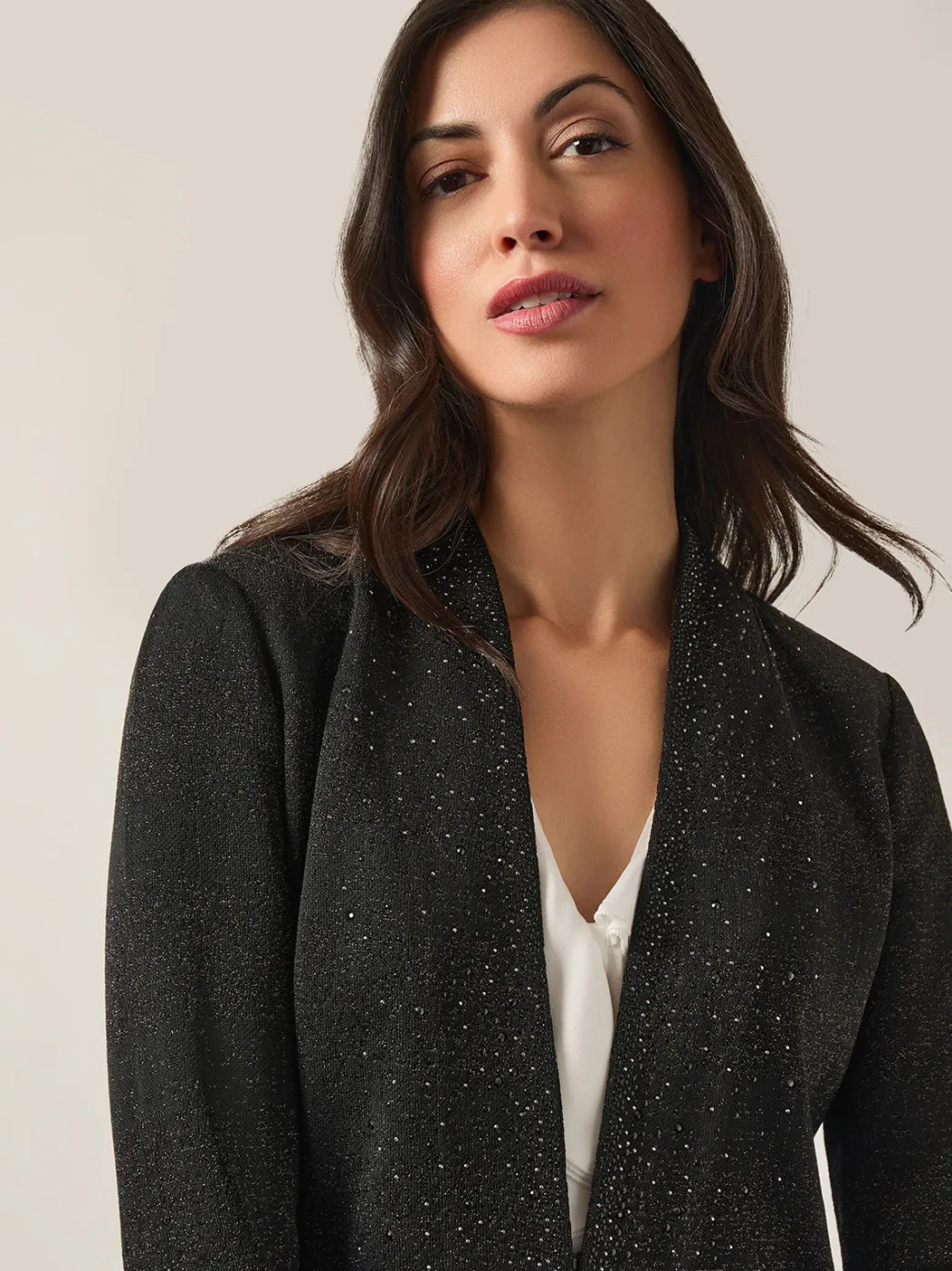 Embellished Lurex Open Neck Jacket|Misook Hot