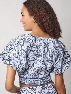 Embroidered Floral Cropped Cotton Blouse|Misook Clearance