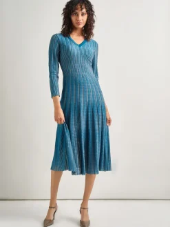 Fit-and-Flare Linear Textured Knit Midi Dress|Misook Best