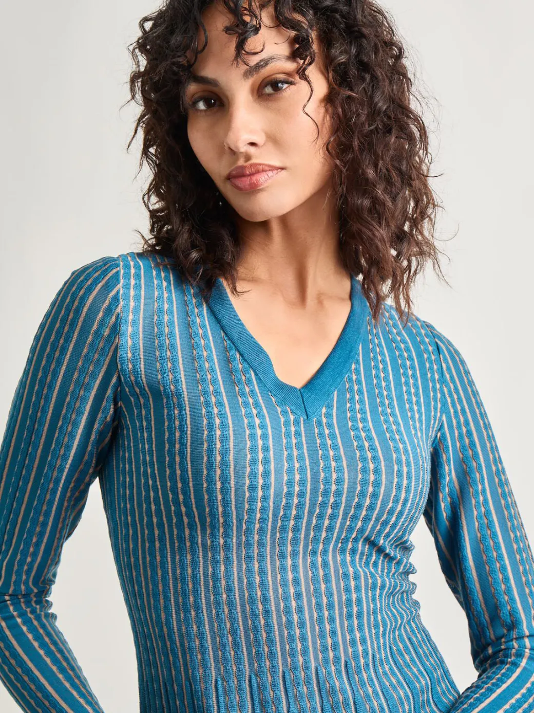 Fit-and-Flare Linear Textured Knit Midi Dress|Misook Best