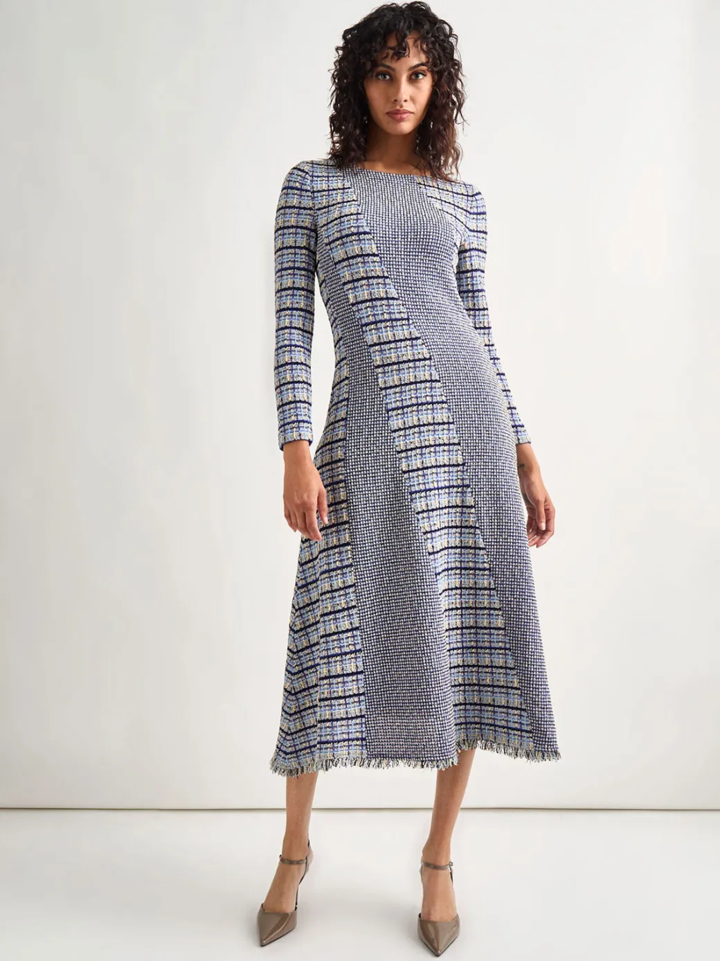 Fit-and-Flare Multi-Stitch Tweed Maxi Dress|Misook Outlet