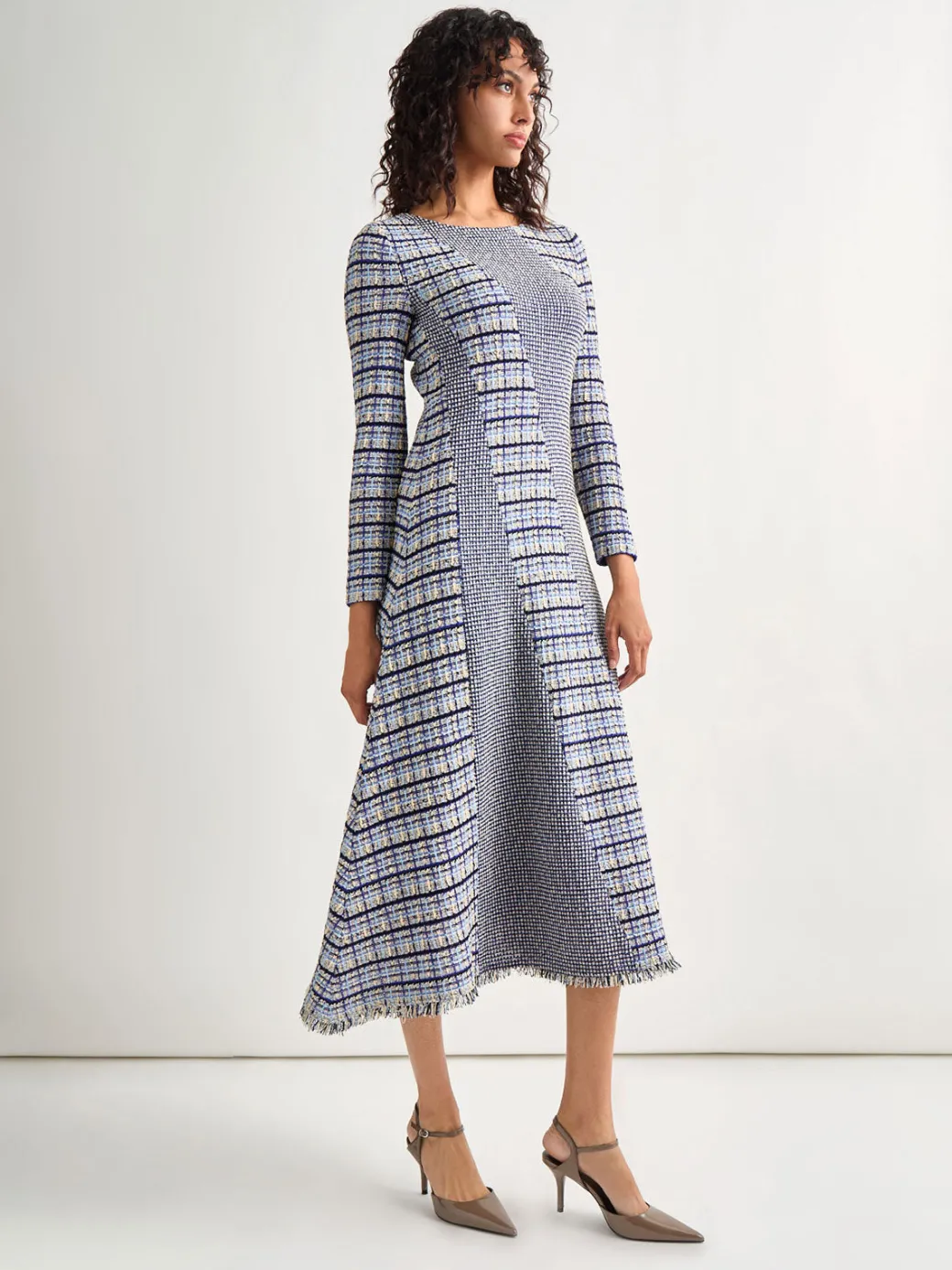 Fit-and-Flare Multi-Stitch Tweed Maxi Dress|Misook Outlet