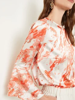 Flounce Sleeve Blouse - Jewel Neck Print Crepe de Chine|Misook Outlet