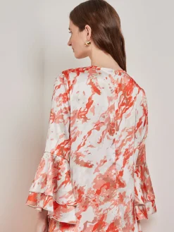 Flounce Sleeve Blouse - Jewel Neck Print Crepe de Chine|Misook Outlet