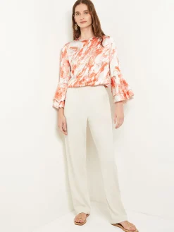 Flounce Sleeve Blouse - Jewel Neck Print Crepe de Chine|Misook Outlet