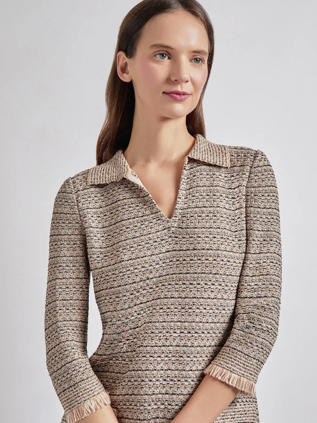 Fringe Trim Intarsia Knit Shift Dress|Misook Sale