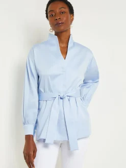 Funnel Neck Belted Cotton Blouse|Misook Online