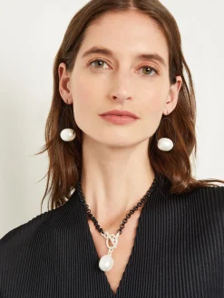 Handmade Black Rolo Link Toggle Necklace with Cotton Pearl Pendant|Misook Best