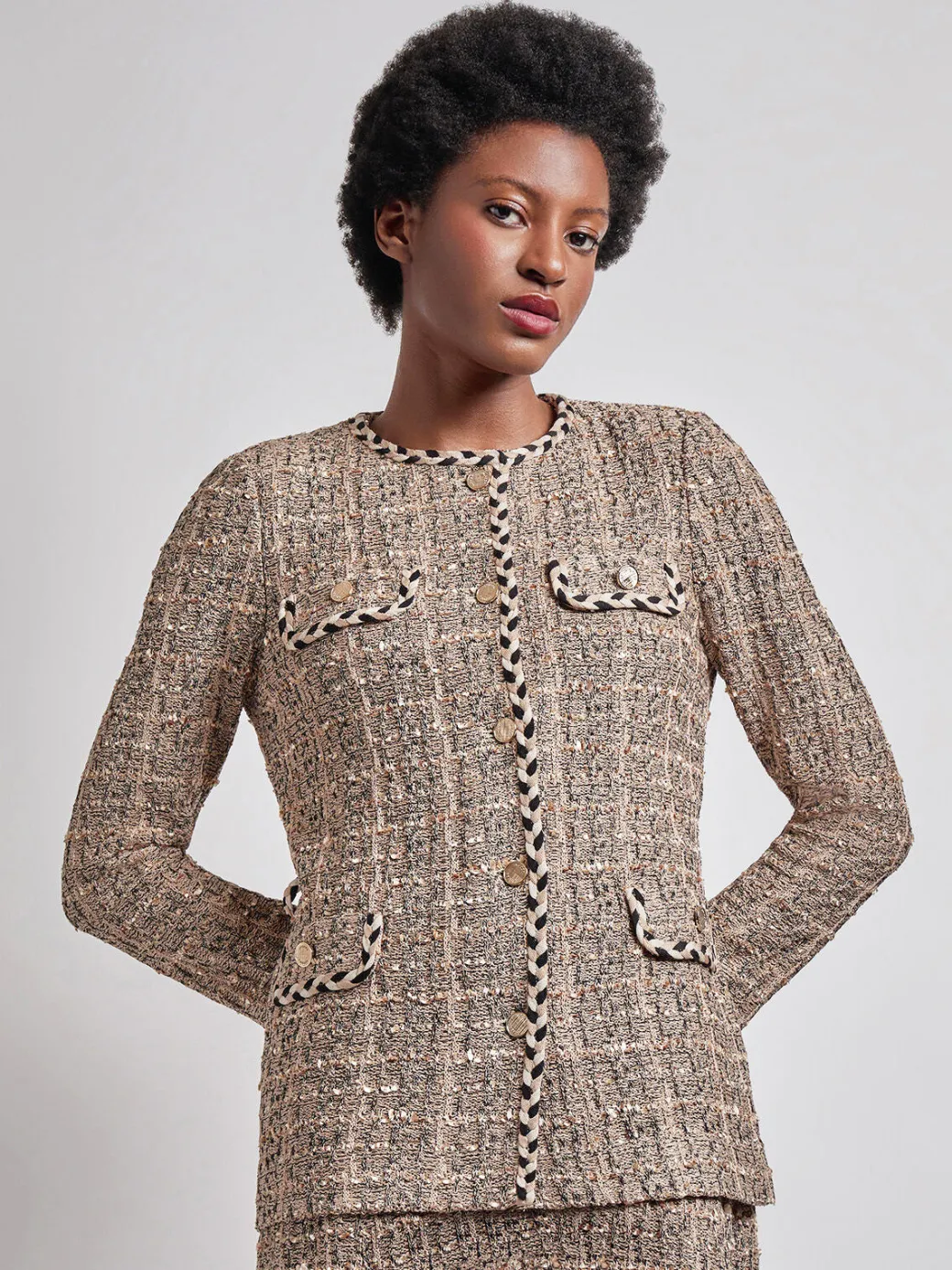 Heritage Fit Braid Trim Tweed Knit Jacket|Misook New