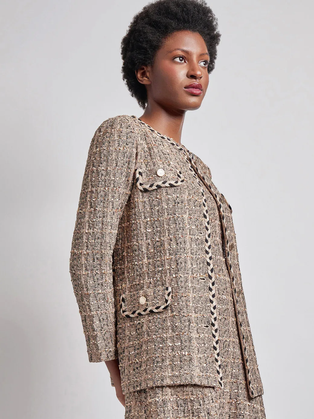 Heritage Fit Braid Trim Tweed Knit Jacket|Misook New