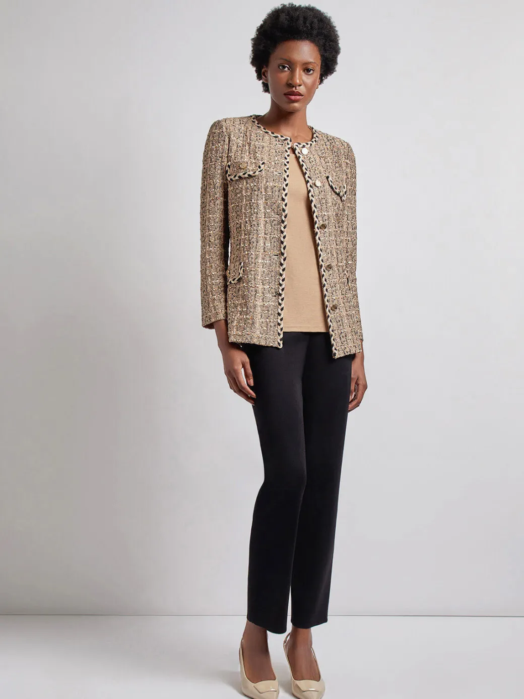 Heritage Fit Braid Trim Tweed Knit Jacket|Misook New