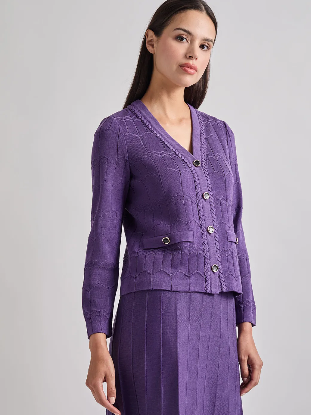 Heritage Fit Braided Trim Tonal Zig-Zag Knit Cardigan|Misook Outlet