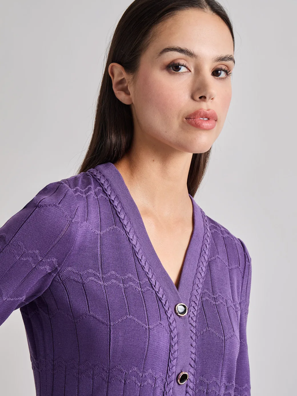 Heritage Fit Braided Trim Tonal Zig-Zag Knit Cardigan|Misook Outlet