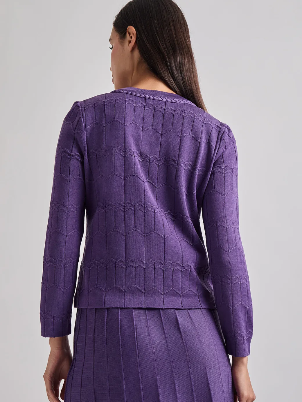 Heritage Fit Braided Trim Tonal Zig-Zag Knit Cardigan|Misook Outlet