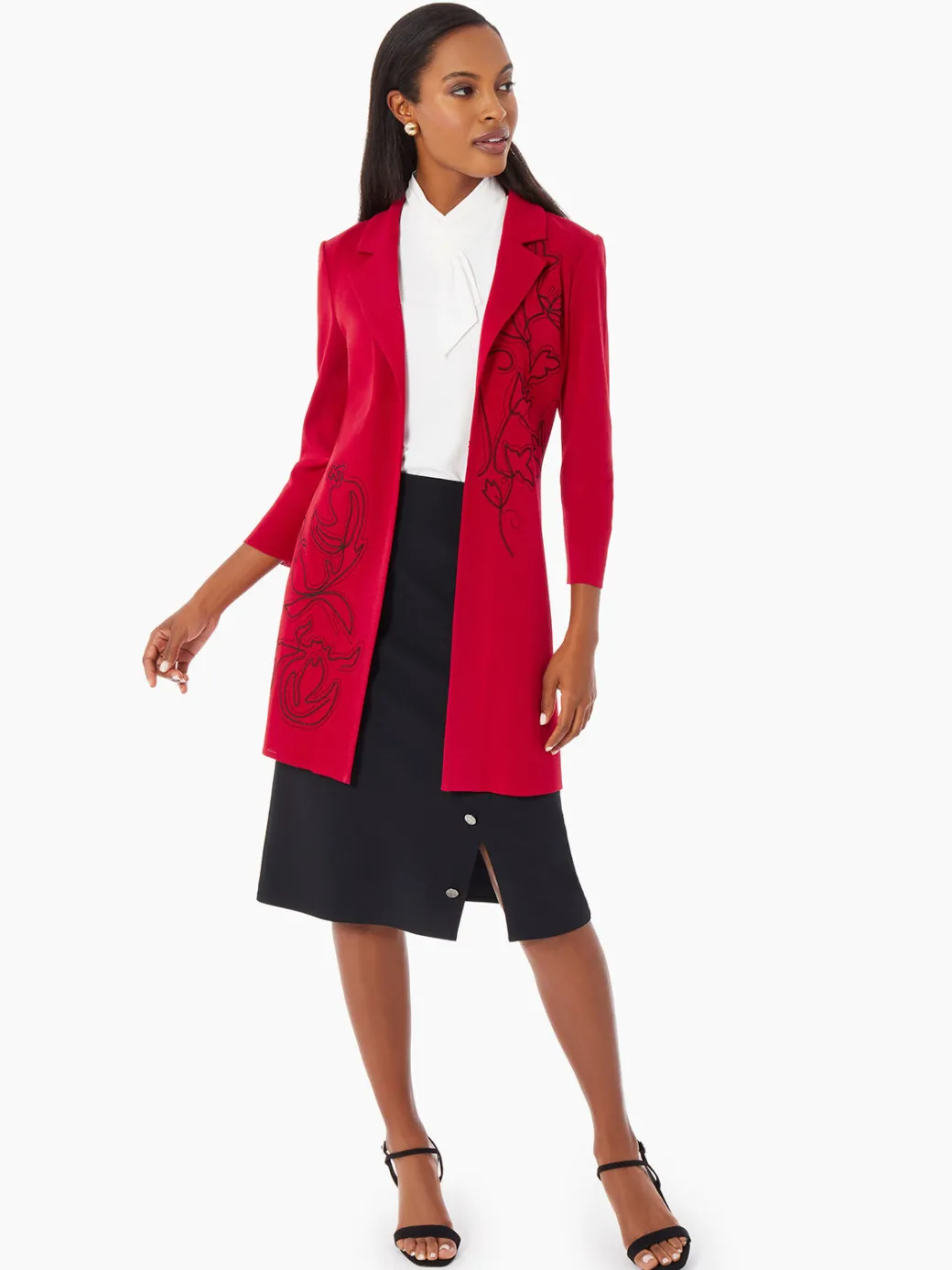 Heritage Fit Floral Embroidery Long Knit Jacket|Misook Fashion