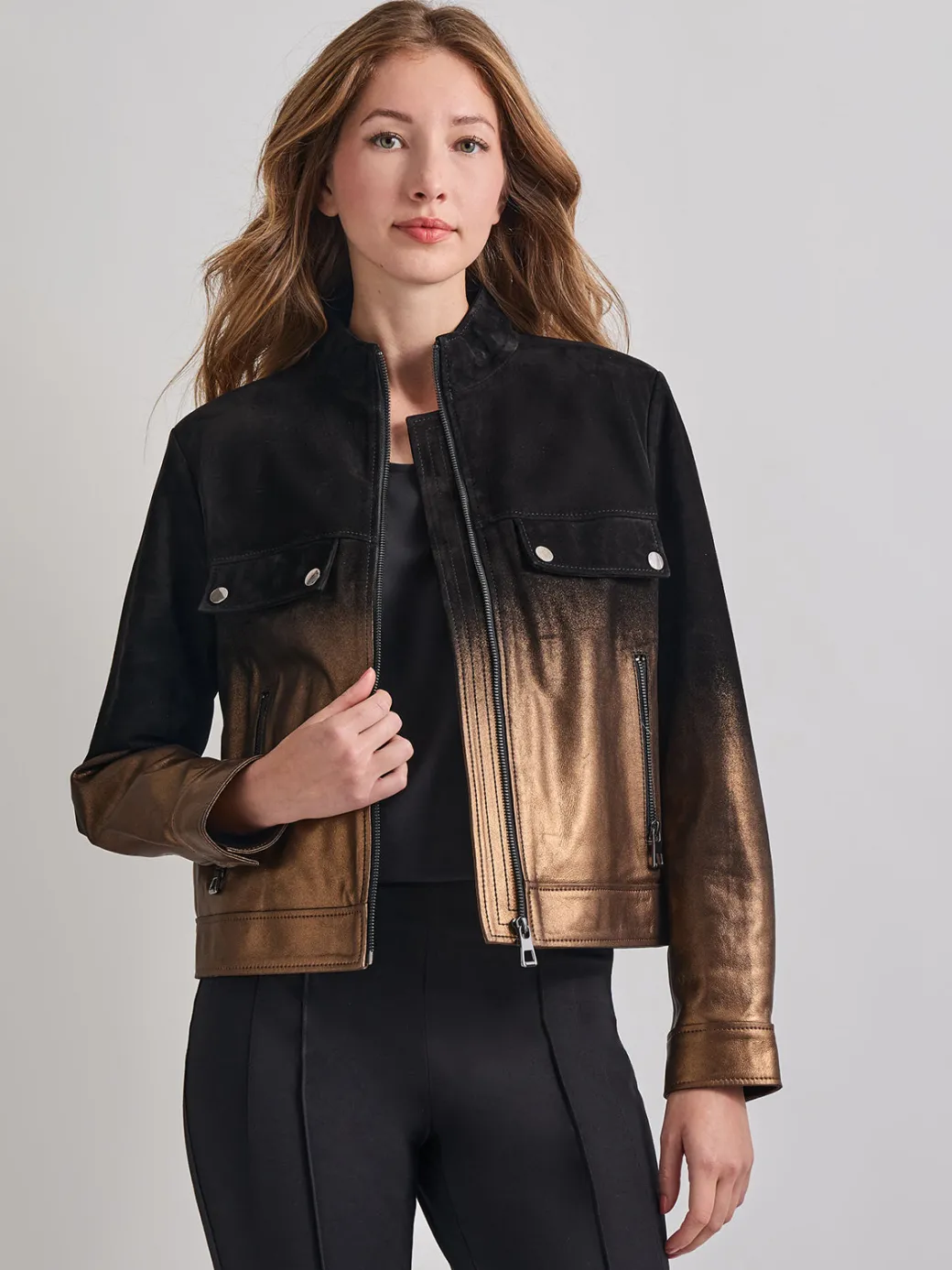 Heritage Fit Gold Ombre Suede Leather Trucker Jacket|Misook Discount