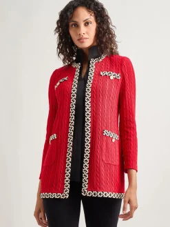 Jewel Neck Contrast Trim Cable Knit Jacket|Misook Discount
