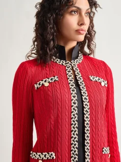 Jewel Neck Contrast Trim Cable Knit Jacket|Misook Discount