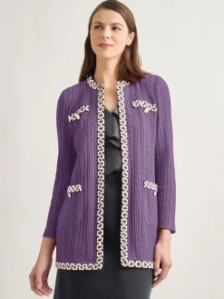 Jewel Neck Contrast Trim Cable Knit Jacket|Misook Clearance