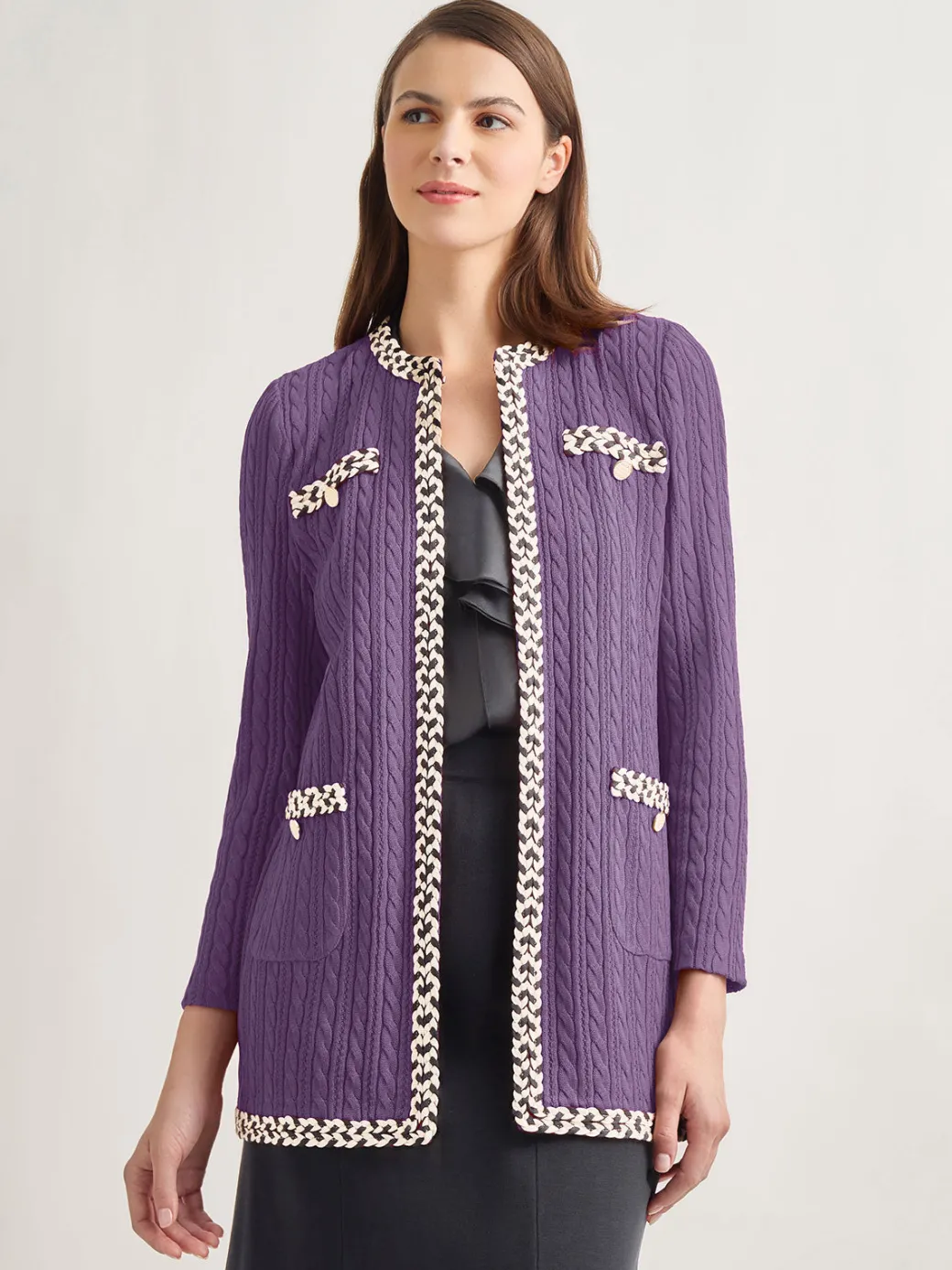 Jewel Neck Contrast Trim Cable Knit Jacket|Misook Clearance