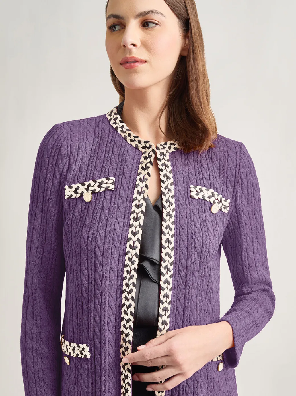 Jewel Neck Contrast Trim Cable Knit Jacket|Misook Clearance