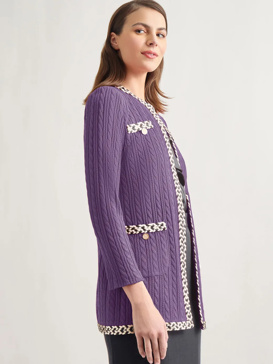 Jewel Neck Contrast Trim Cable Knit Jacket|Misook Clearance