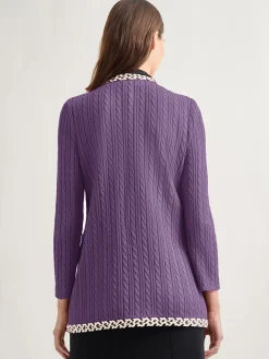 Jewel Neck Contrast Trim Cable Knit Jacket|Misook Clearance