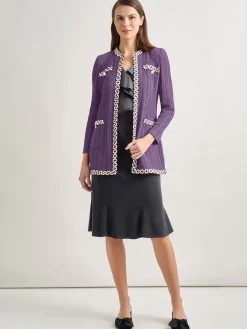 Jewel Neck Contrast Trim Cable Knit Jacket|Misook Clearance