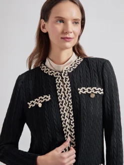 Jewel Neck Contrast Trim Cable Knit Jacket|Misook Online