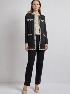 Jewel Neck Contrast Trim Cable Knit Jacket|Misook Online