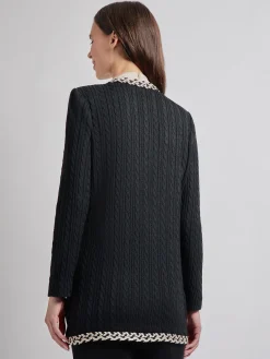 Jewel Neck Contrast Trim Cable Knit Jacket|Misook Online