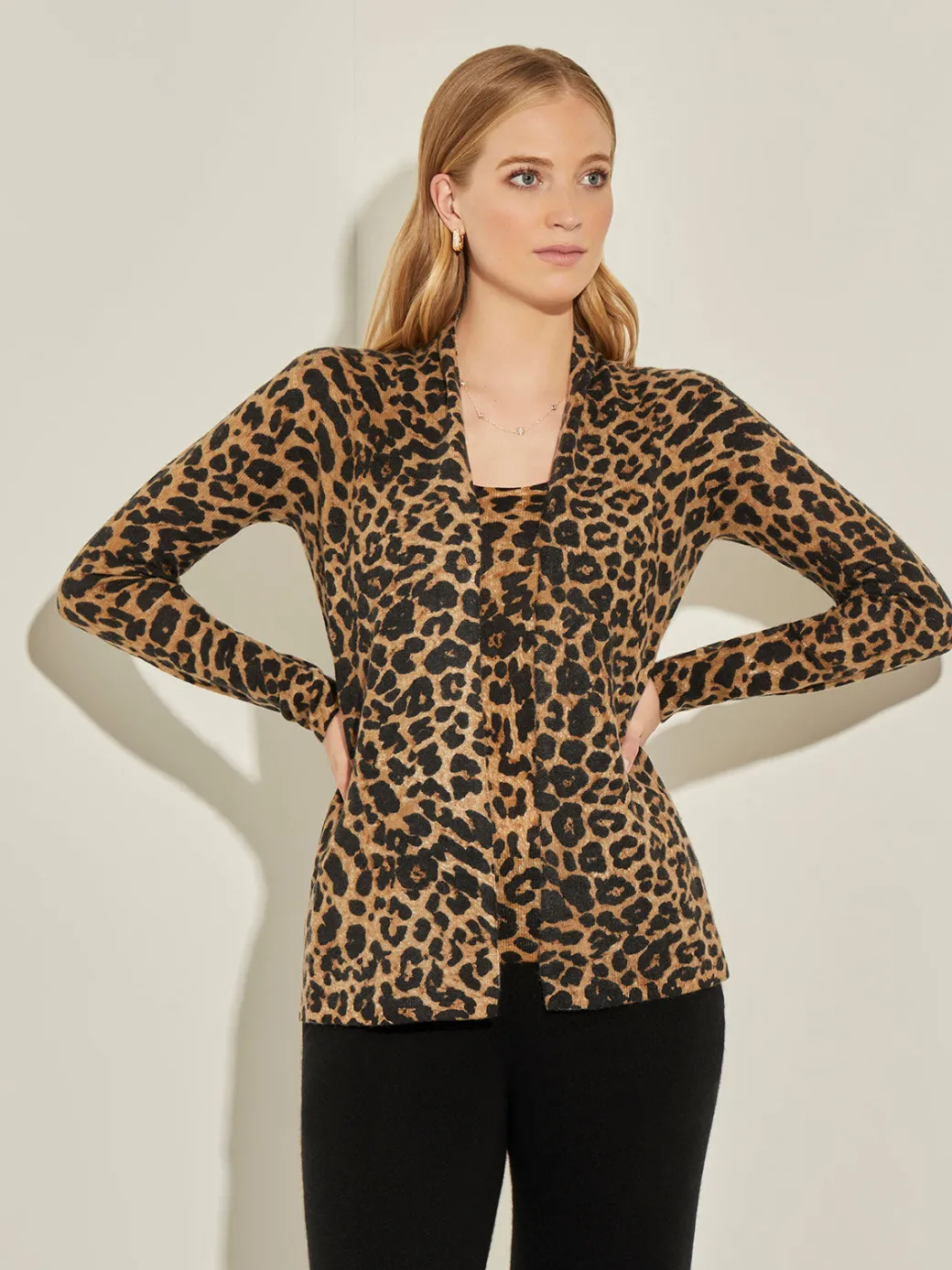 Leopard Print Open Front Cashmere Cardigan|Misook Fashion
