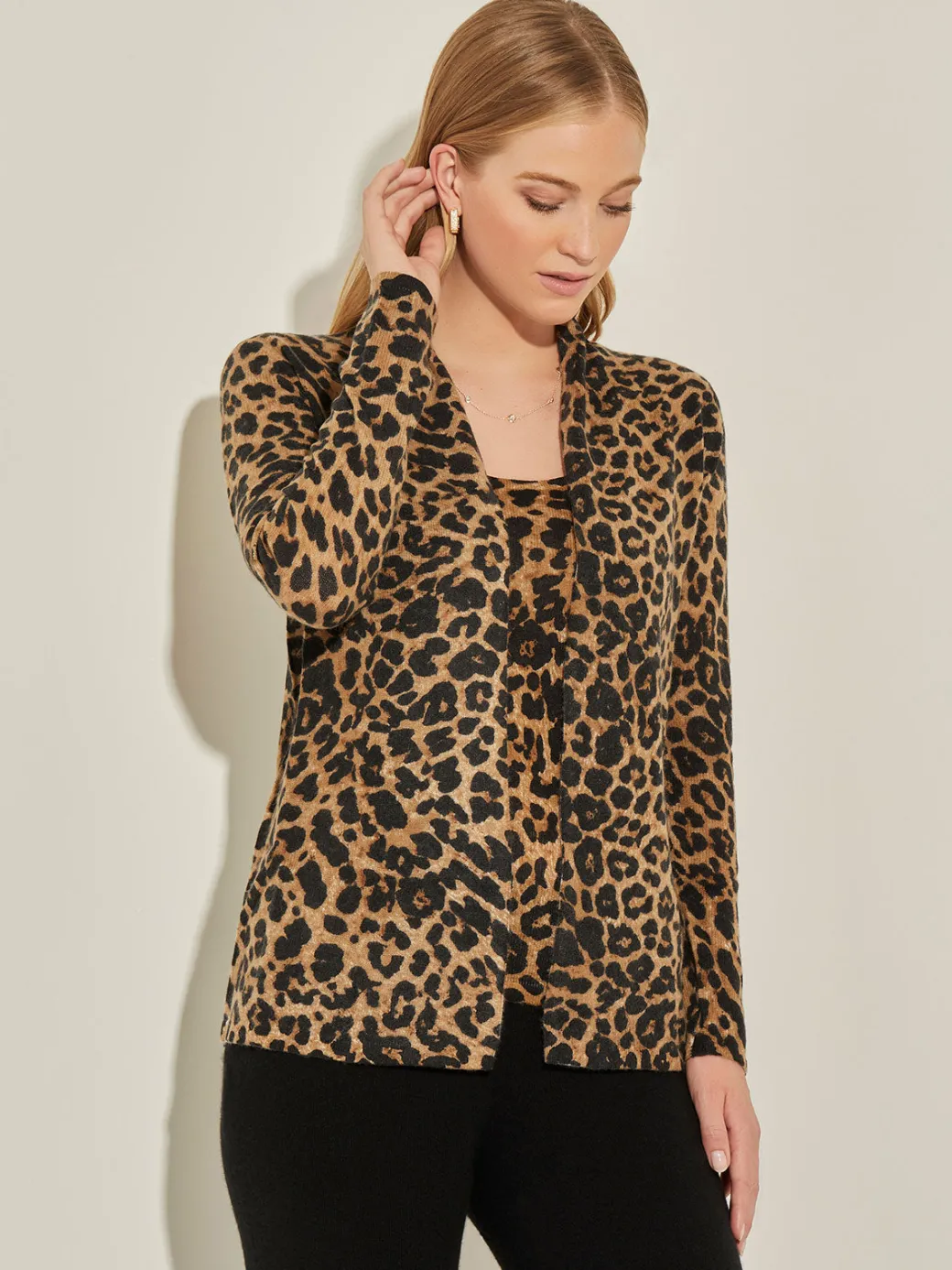 Leopard Print Open Front Cashmere Cardigan|Misook Fashion
