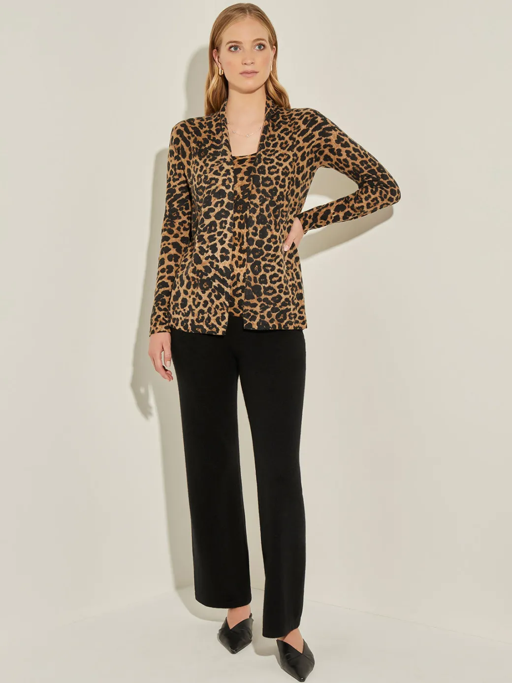 Leopard Print Open Front Cashmere Cardigan|Misook Fashion
