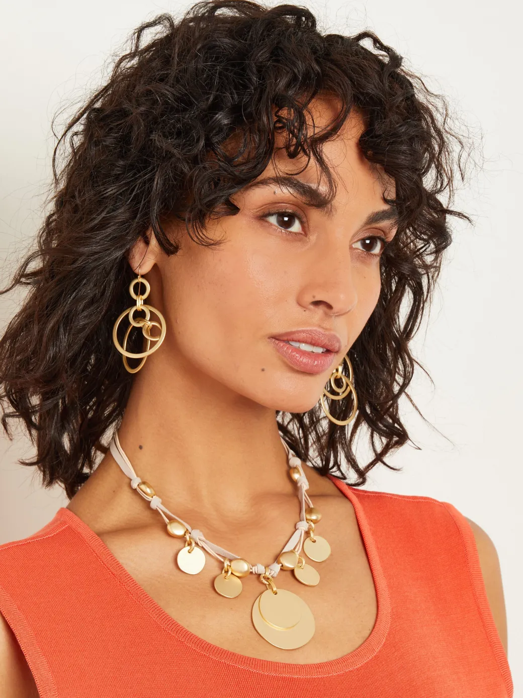 Matte Gold Coin Charm Natural Leather & Suede Necklace|Misook Outlet