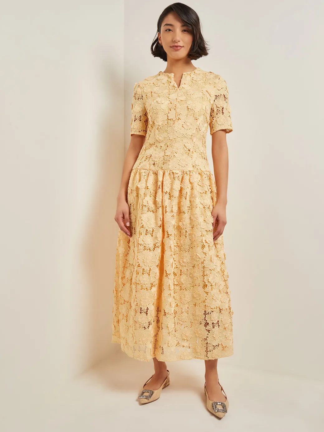 Maxi Pleated Drop Waist Dress - Floral Applique Woven|Misook Clearance