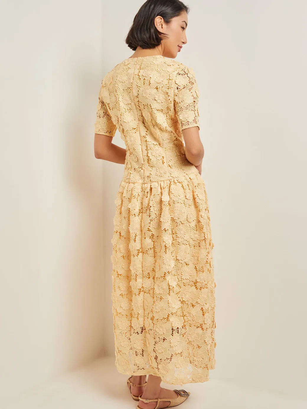 Maxi Pleated Drop Waist Dress - Floral Applique Woven|Misook Clearance