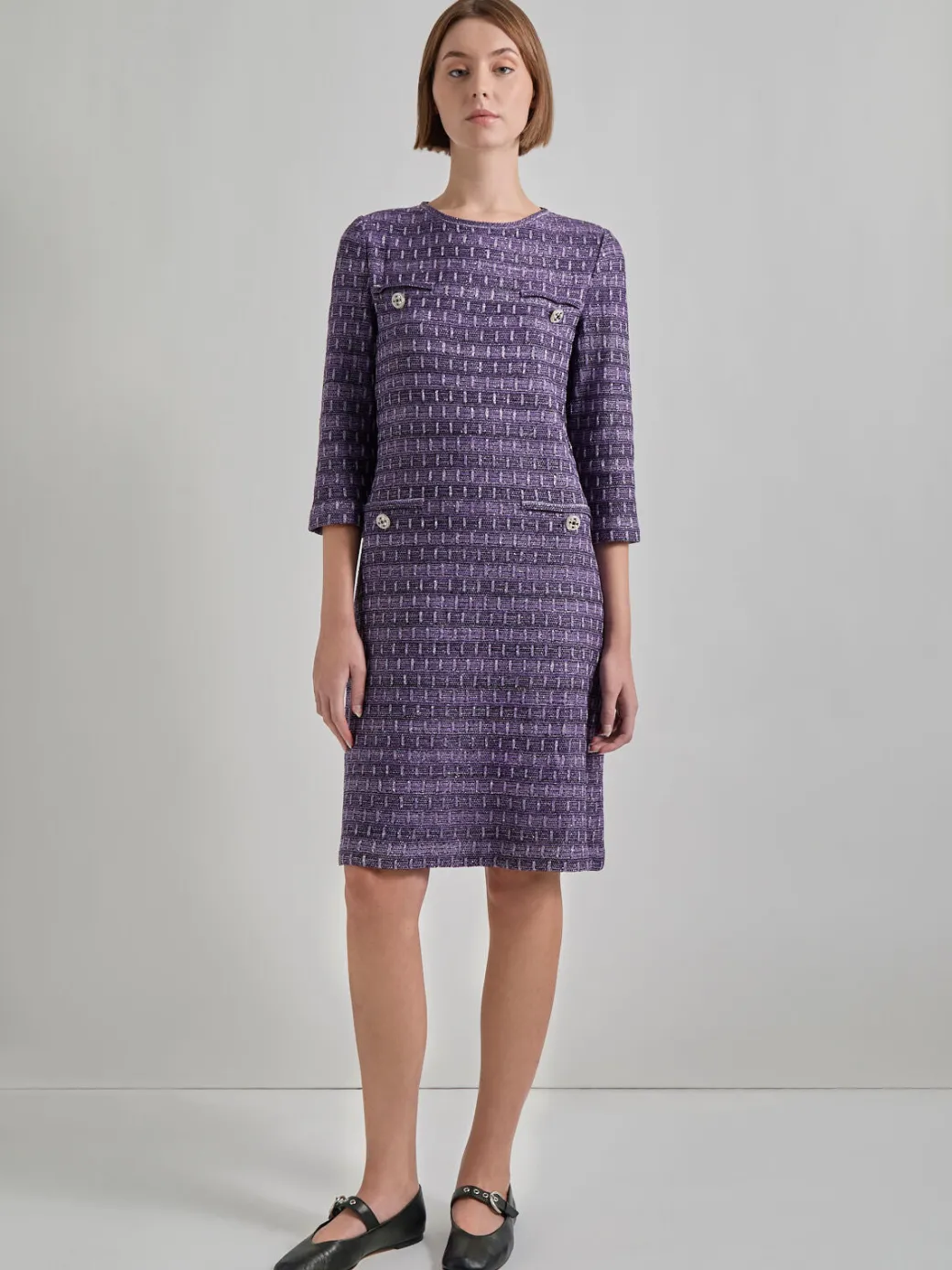 Metallic Accent Tweed Knit Shift Dress|Misook Hot
