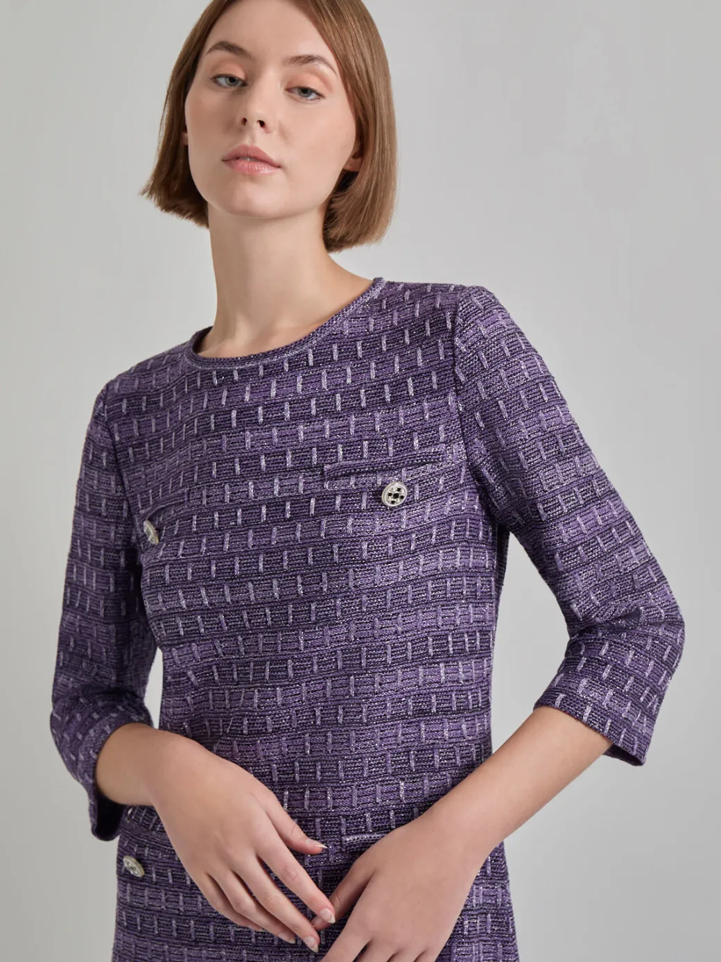 Metallic Accent Tweed Knit Shift Dress|Misook Hot