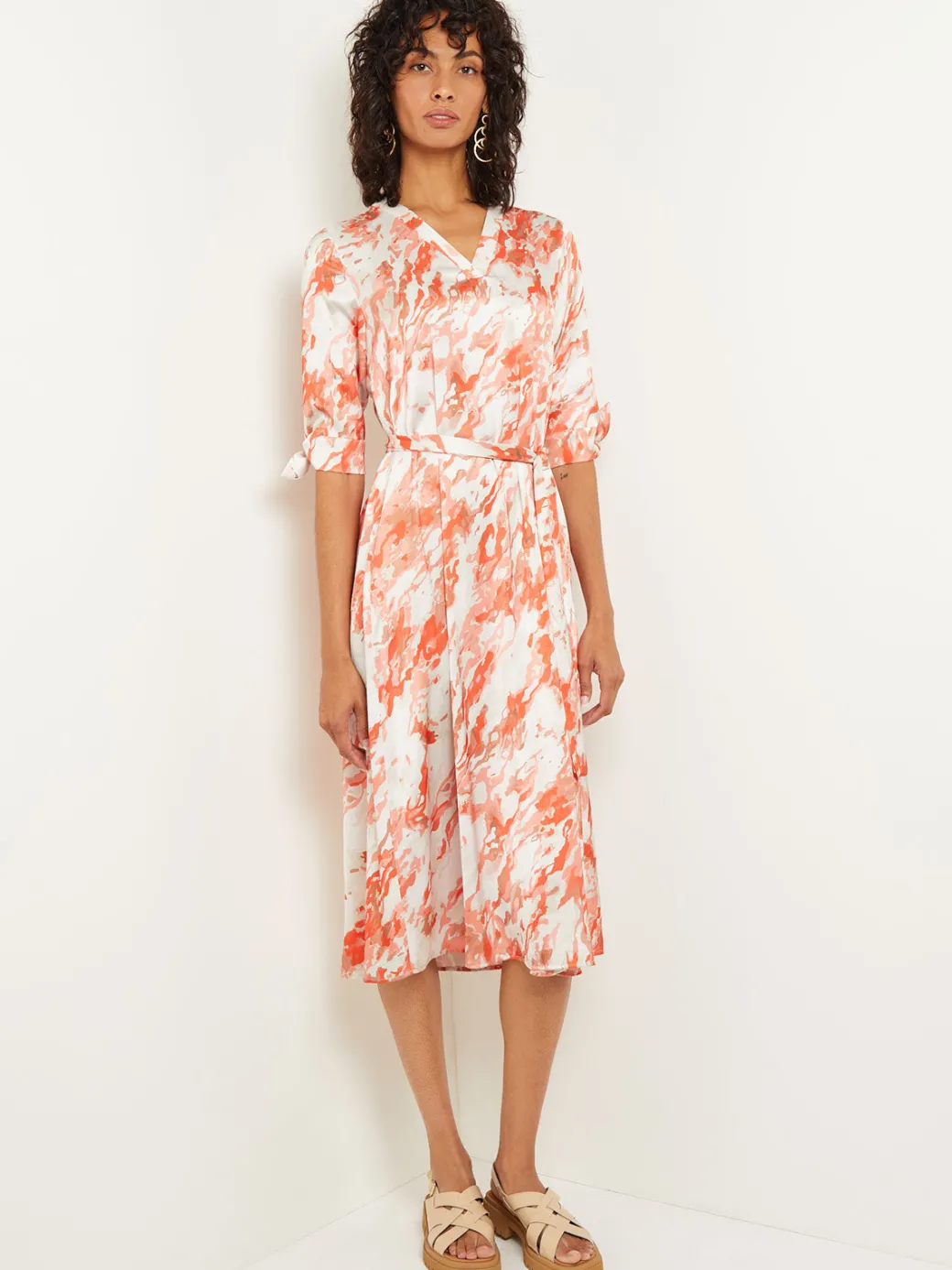 Midi A-Line Dress - V-Neck Print Crepe de Chine|Misook Online