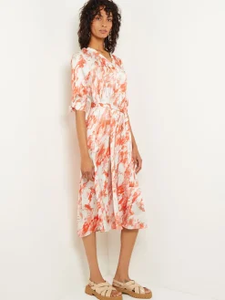 Midi A-Line Dress - V-Neck Print Crepe de Chine|Misook Online