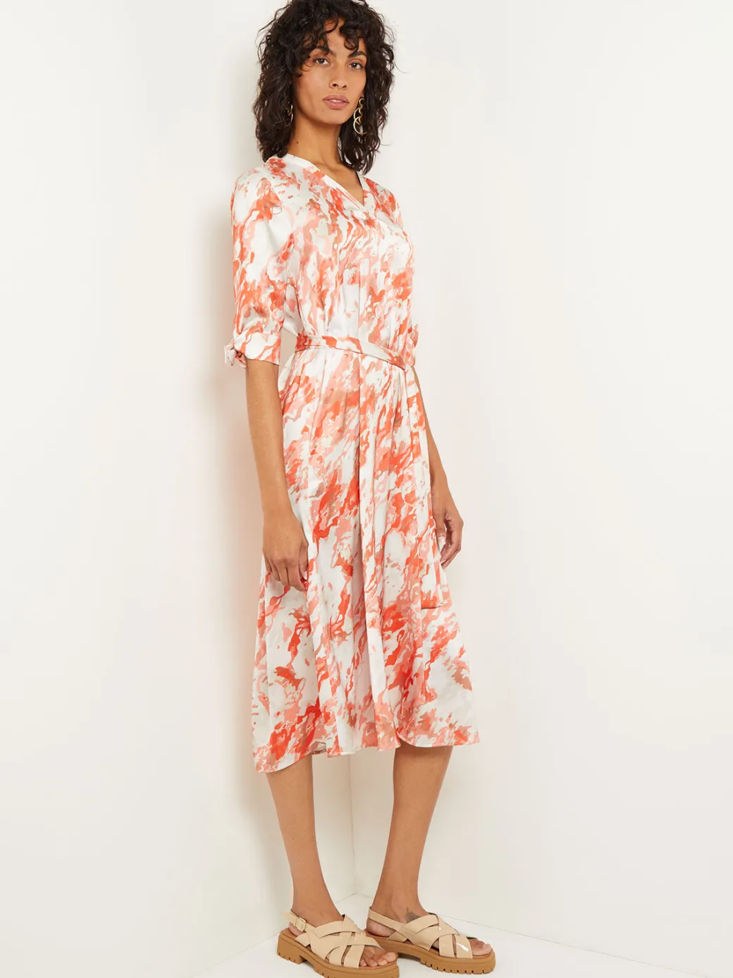 Midi A-Line Dress - V-Neck Print Crepe de Chine|Misook Online