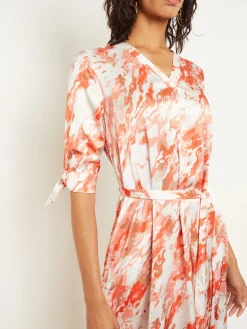 Midi A-Line Dress - V-Neck Print Crepe de Chine|Misook Online