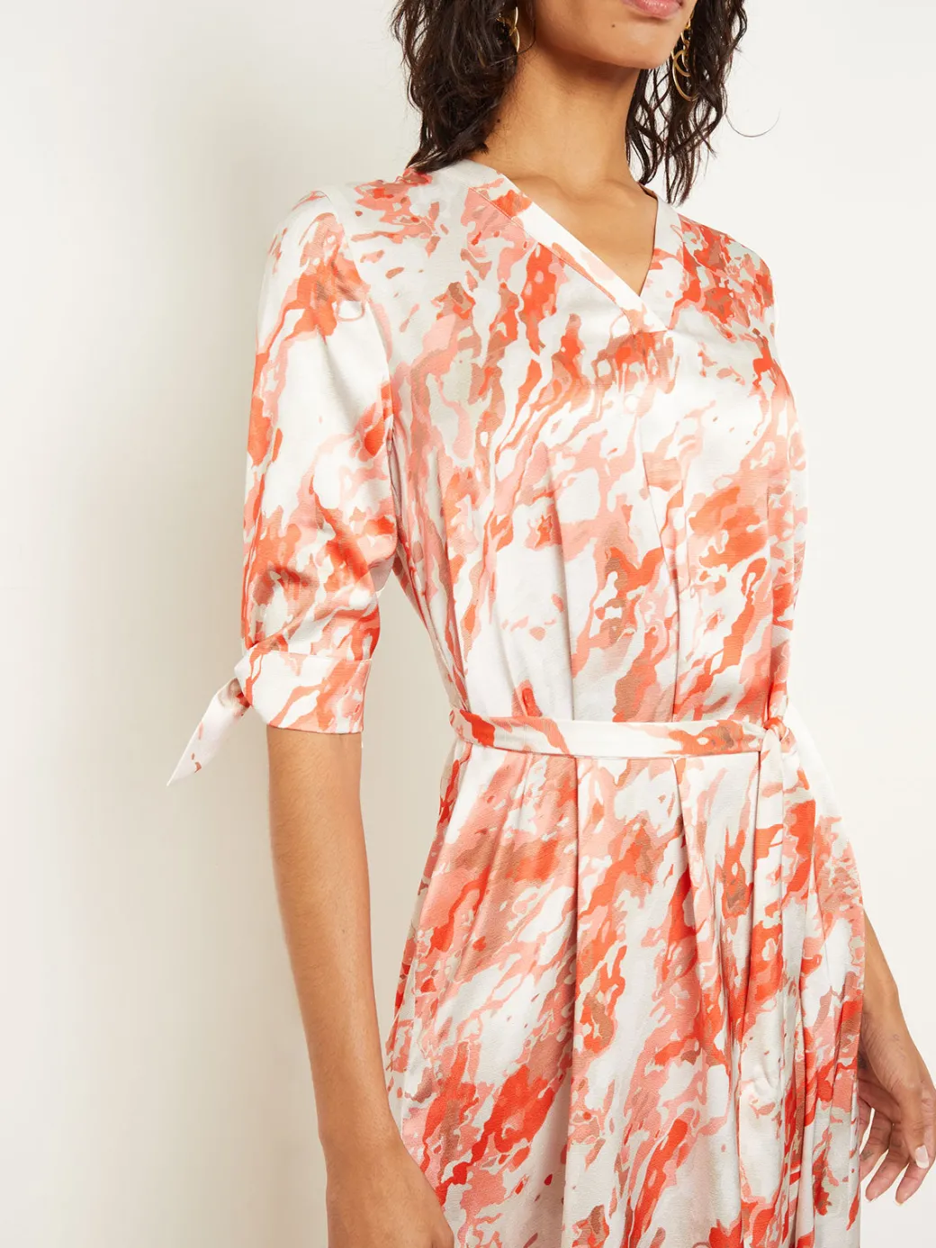 Midi A-Line Dress - V-Neck Print Crepe de Chine|Misook Online